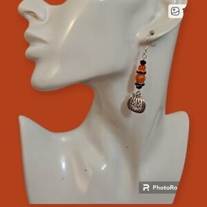 HANDMADE Halloween Agate Glass Beaded Pumpkin Dangle Hook Earrings